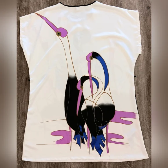 Art Nouveau satin cranes tunic dress. Medium. Ya Ye Er Si. - Picture 4 of 16